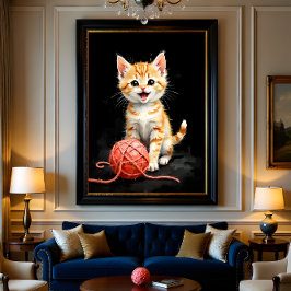 Speelse Kitten Kat met Garentang Waterverfprint Perfect Poster