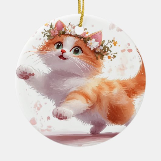 Speelse Kitten met Madeliefjes Kroon Keramisch Ornament (Voorkant)