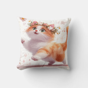 Speelse Kitten met Madeliefjes Kroon Kussen