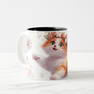 Speelse Kitten met Madeliefjes Kroon Tweekleurige Koffiemok