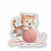 Speelse Kitten met Roze Garenbal Die-Cut Sticker (Voorkant)
