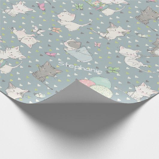 Speelse Kittens Op Grijs Blauw Cadeaupapier (Hoek)