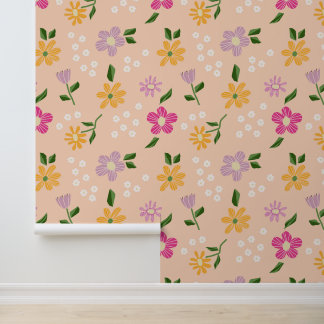 Speelse kleurrijke bloemen op roze behang