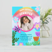 Speelse kleurrijke regenboogtuin verjaardag kaart (Staand voorkant)