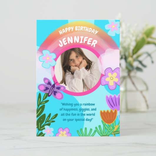 Speelse kleurrijke regenboogtuin verjaardag kaart (Staand voorkant)