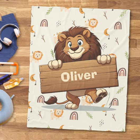 Speelse Leeuw met Houten Naambord Fleece Deken
