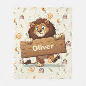 Speelse Leeuw met Houten Naambord Fleece Deken (Voorkant)