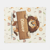 Speelse Leeuw met Houten Naambord Fleece Deken (Voorkant (Horizontaal))