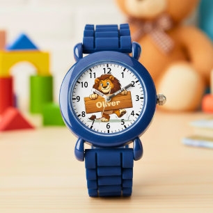 Speelse Leeuw met Houten Naambord Horloge