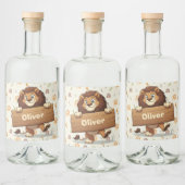 Speelse Leeuw met Houten Naambord Likeurfles Etiket (Flessen)