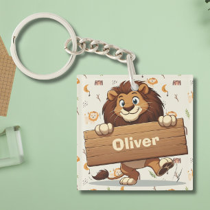 Speelse Leeuw met Houten Naambord Sleutelhanger
