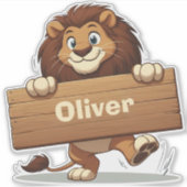 Speelse Leeuw met Houten Naambord Sticker (Voorkant)