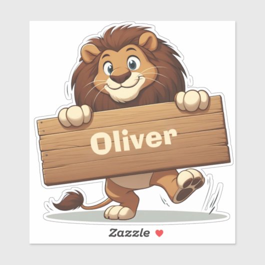 Speelse Leeuw met Houten Naambord Sticker (Vel)