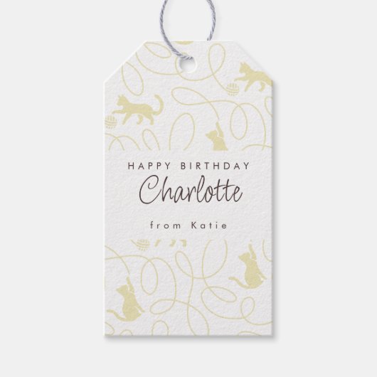 Speelse lichte beige kat patroon verjaardag cadeaulabel (Voorkant)