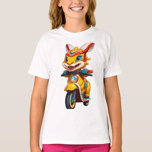 Speelse Lion Dance Bunny op Scooter T-shirt (Voorkant)