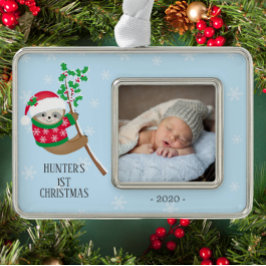 Speelse Luiaard Eerste Kerstfoto Verzilverd Omlijst Ornament