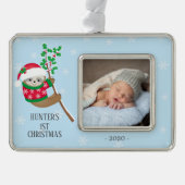 Speelse Luiaard Eerste Kerstfoto Verzilverd Omlijst Ornament (Voorkant)