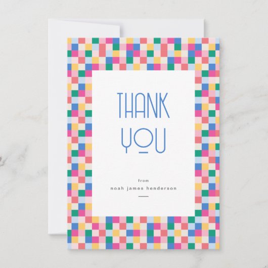 Speelse meer kleuren blokken verjaardagsfeestje bedankkaart (Voorkant)