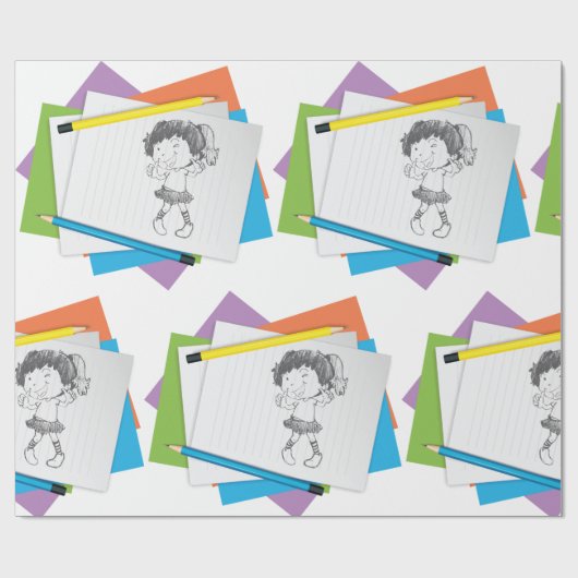 Speelse meisje schets tekening met kleurrijke potl cadeaupapier (Vlak)