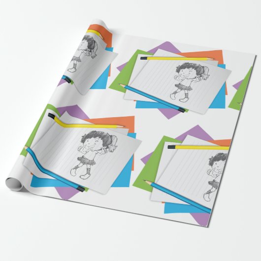 Speelse meisje schets tekening met kleurrijke potl cadeaupapier (Uitgerold)