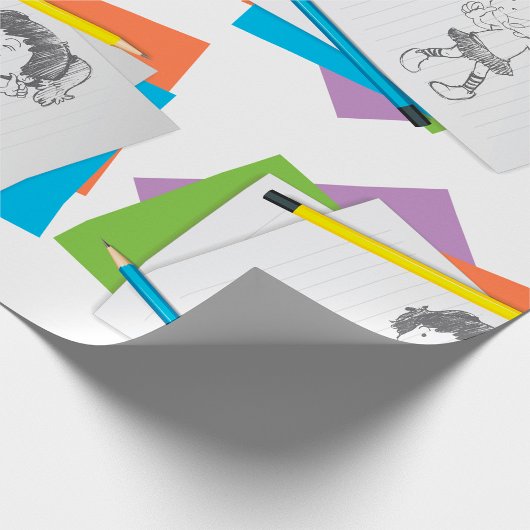 Speelse meisje schets tekening met kleurrijke potl cadeaupapier