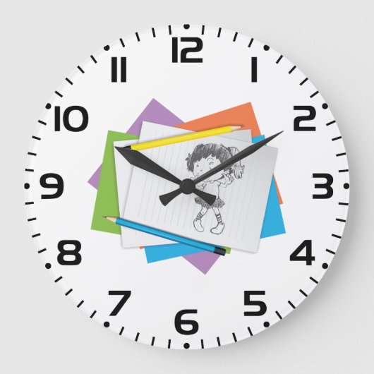 Speelse meisje schets tekening met kleurrijke potl grote klok (Voorkant)
