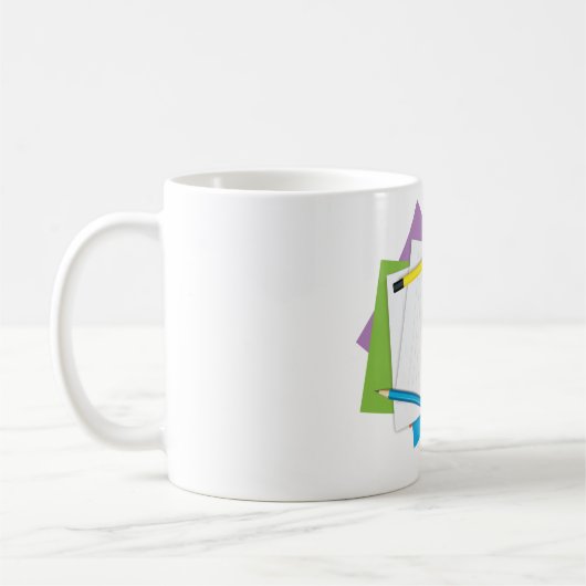 Speelse meisje schets tekening met kleurrijke potl koffiemok (Links)