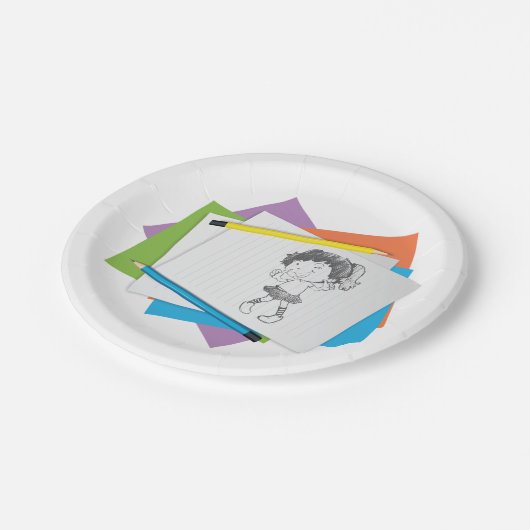 Speelse meisje schets tekening met kleurrijke potl papieren bordje (Gekanteld)