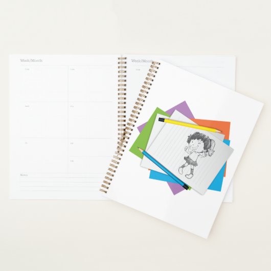 Speelse meisje schets tekening met kleurrijke potl planner (Display)