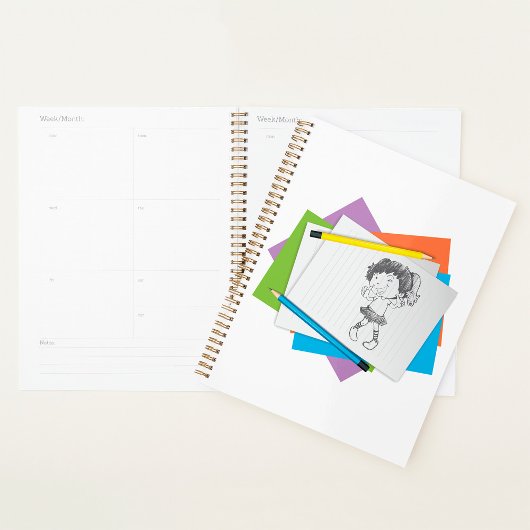 Speelse meisje schets tekening met kleurrijke potl planner