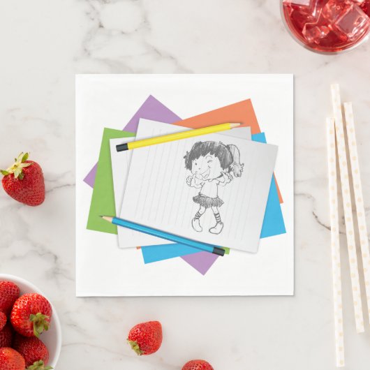Speelse meisje schets tekening met kleurrijke potl servet (Insitu)