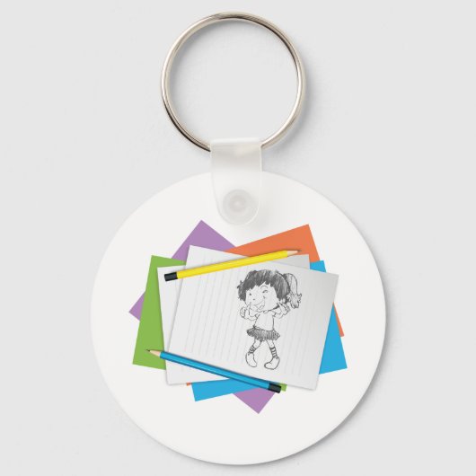 Speelse meisje schets tekening met kleurrijke potl sleutelhanger (Achterkant)