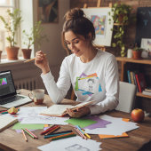 Speelse meisje schets tekening met kleurrijke potl t-shirt