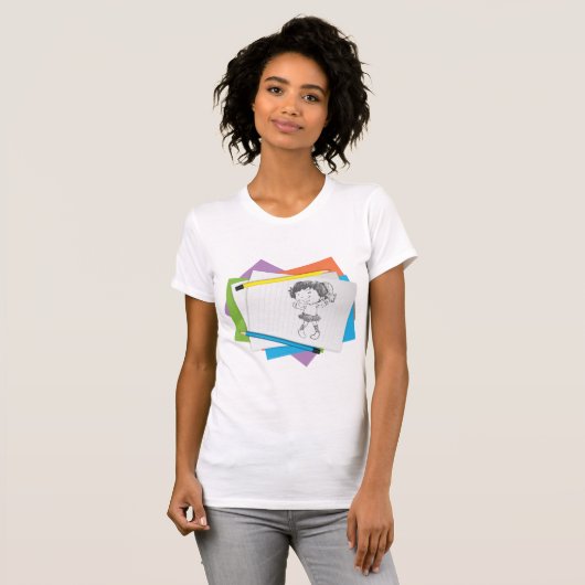 Speelse meisje schets tekening met kleurrijke potl t-shirt (Voorkant volledig)
