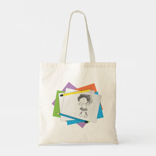 Speelse meisje schets tekening met kleurrijke potl tote bag (Achterkant)
