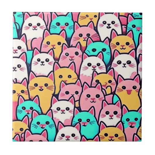 Speelse minimalistische katten in meerkleurige pas tegeltje (Voorkant)