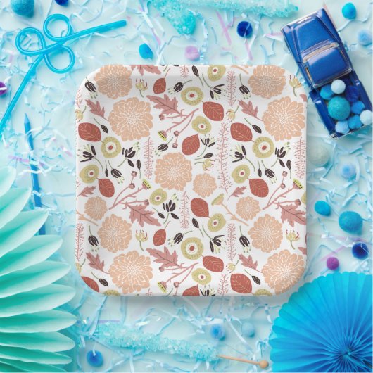 Speelse Mix Perzik Groene Geïllustreerde Bloemen B Papieren Bordje (Feest)