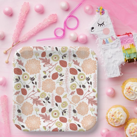 Speelse Mix Perzik Groene Geïllustreerde Bloemen B Papieren Bordje (Feest)