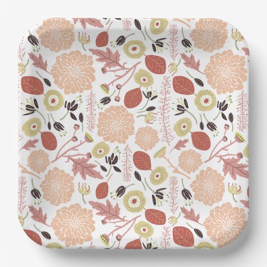 Speelse Mix Perzik Groene Geïllustreerde Bloemen B Papieren Bordje (Voorkant)