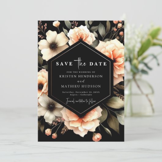 Speelse moderne perzik bruiloft save the date (Staand voorkant)