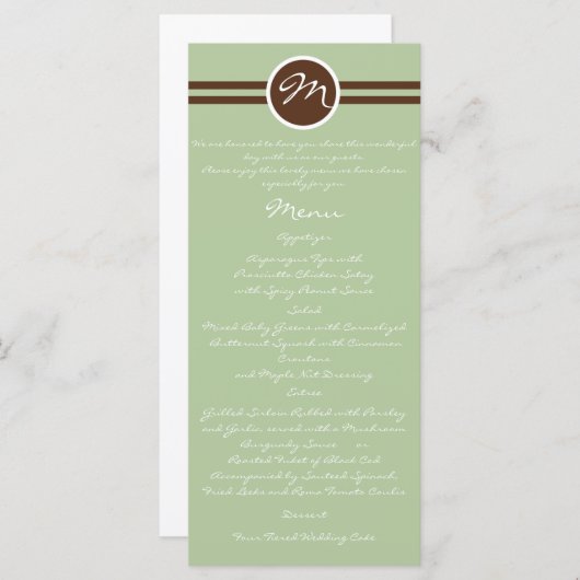 Speelse Monogram in Sage Groen Bruin Bruiloft Menu (Voorkant / Achterkant)