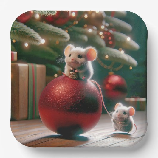 Speelse Muis Op Rode Kerstversiering Papieren Bordje (Voorkant)