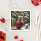 Speelse Muis Op Rode Kerstversiering Servet (Insitu)