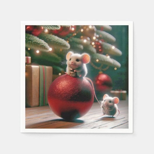 Speelse Muis Op Rode Kerstversiering Servet (Voorkant)