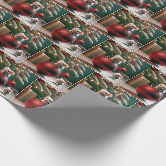 Speelse muizen op rode kerstversiering cadeaupapier (Hoek)