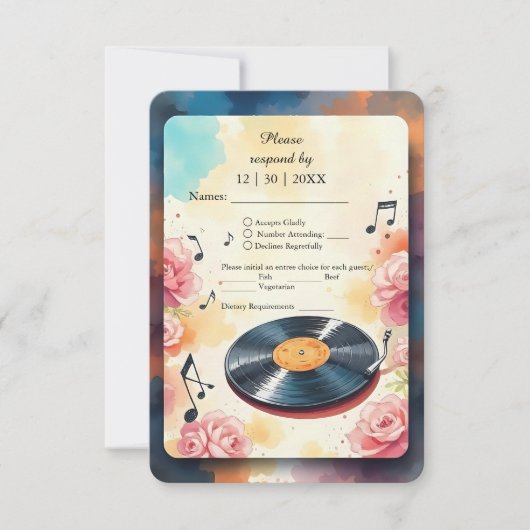 Speelse Muzikale Bloemen waterverf bruiloft RSVP Kaartje (Voorkant)