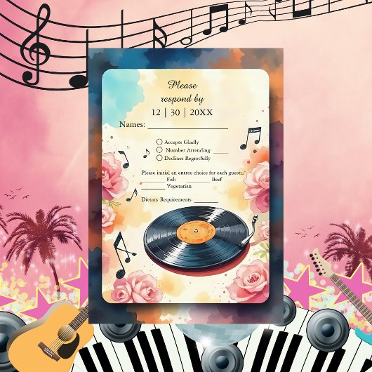 Speelse Muzikale Bloemen waterverf bruiloft RSVP Kaartje