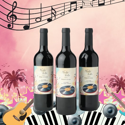 Speelse Muzikale Bloemen waterverf bruiloft Wijn Etiket