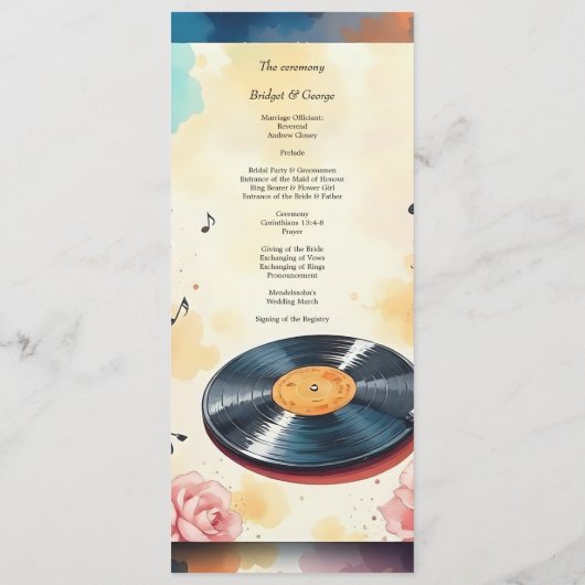 Speelse Muzikale Bloemen waterverf Trouwmenu Programmakaart (Achterkant)