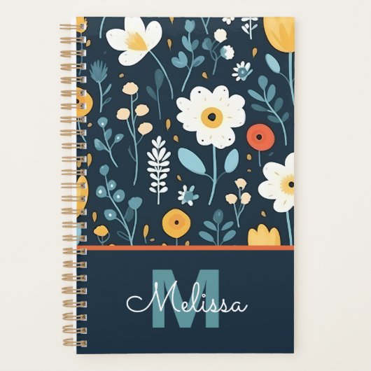 Speelse Navy Retro Bloom Monogram Planner (Voorkant)